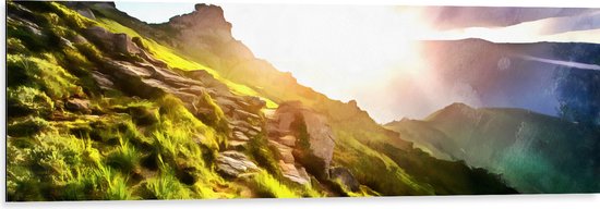 Dibond - Schilderij van Felle Zonnestralen over Berg - 120x40 cm Foto op Aluminium (Met Ophangsysteem)