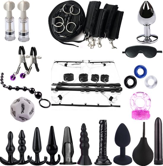 Bondage Set met 28 stuks, set van 28 stuks met handboeien, enkelboeien, oogmasker, anale plug, penisring, tepelzuiger, tepelklemmen, dobbelsteen, anale douche en vaginale douche, voor beginners en gevorderden