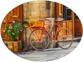 WallClassics - Dibond Ovaal - Oranje Fiets voor Café - 68x51 cm Foto op Ovaal (Met Ophangsysteem)