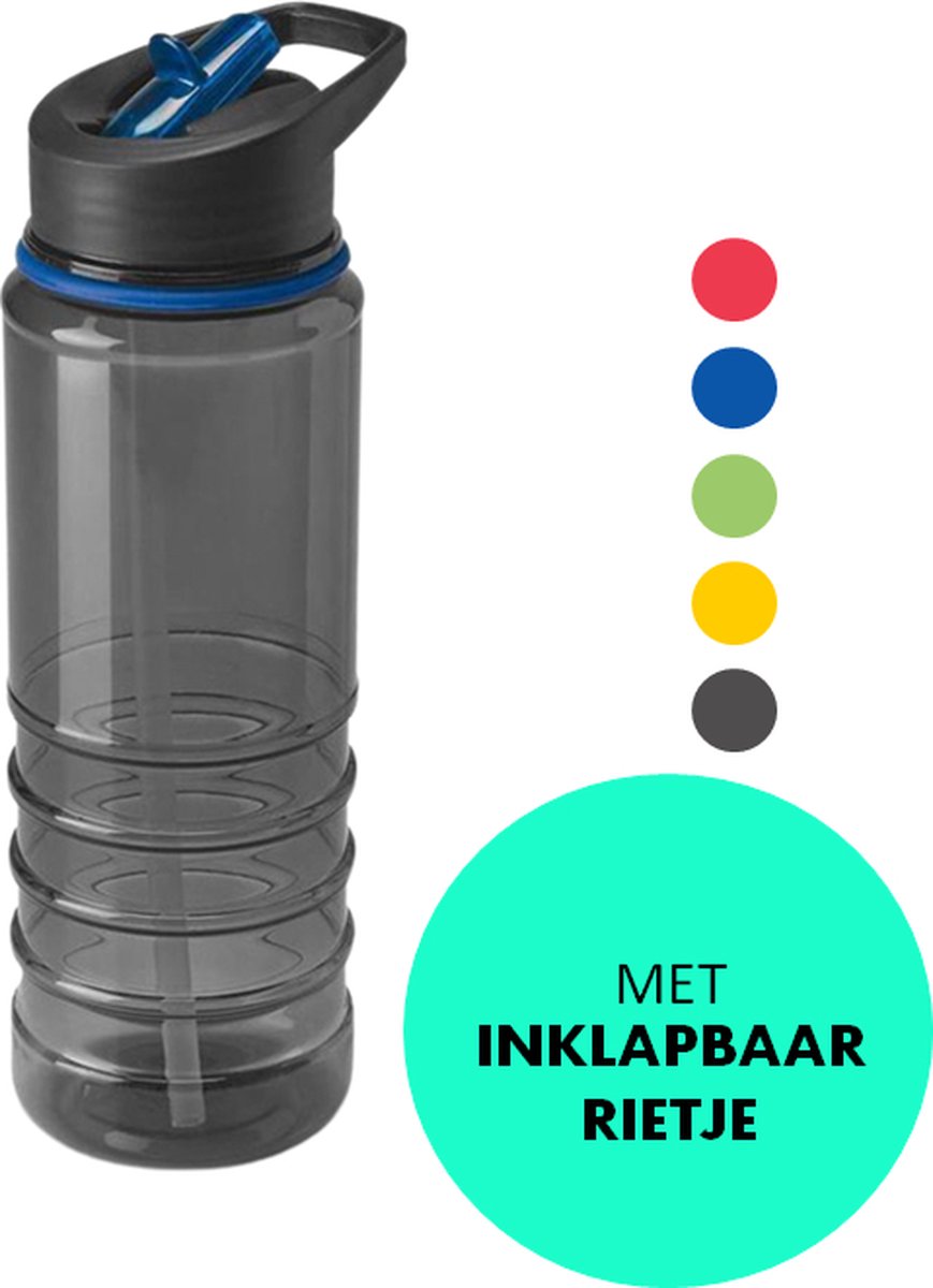 drinkfles met openklapbaar rietje - blauw - 750 ml - draagbare sport bidon - vaatwasserbestendig - Fitness sport fles - volwassenen en kinderen - transparant