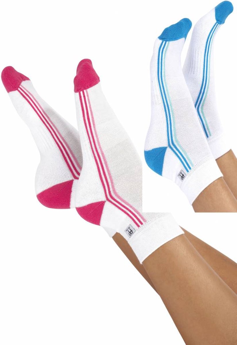Pretty Polly Sokje - Running - Socks -Damessokken - 2 paar - Wit/Pink en Wit Turquoise - One Size - 37-42 - 80% Katoen