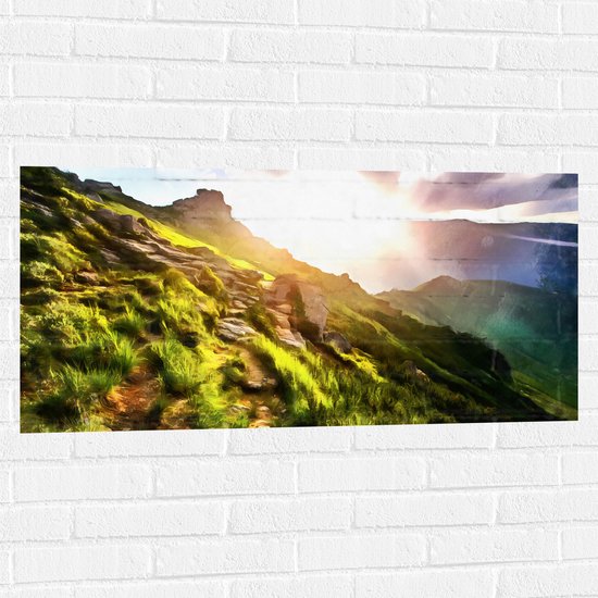 Muursticker - Schilderij van Felle Zonnestralen over Berg - 100x50 cm Foto op Muursticker