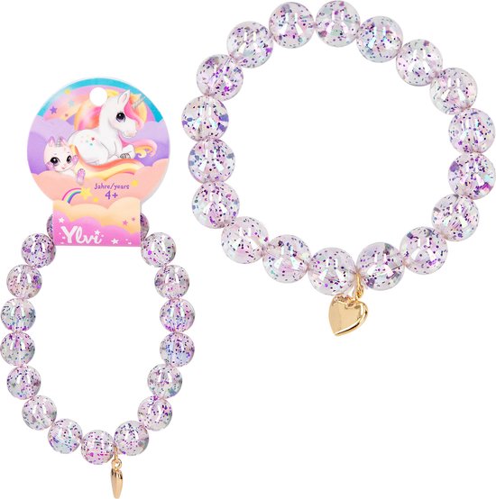 Ylvi armband met paarse glitterkralen en gouden hartje.