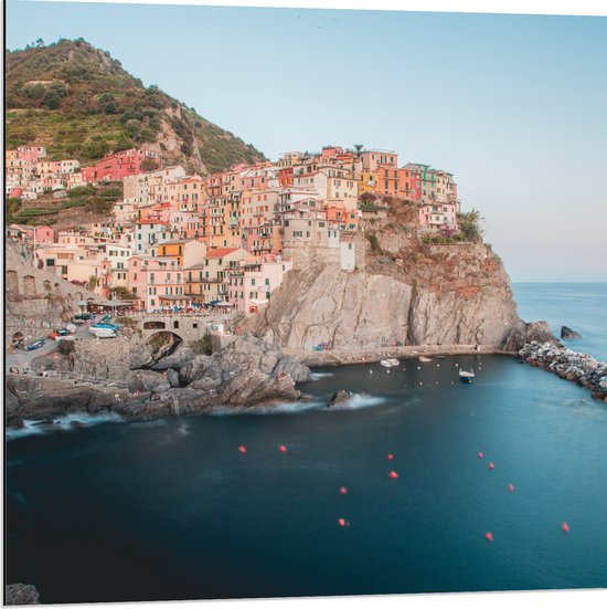 Dibond - Huisjes aan de Kust in Cinque Terre, Italië - 80x80 cm Foto op Aluminium (Wanddecoratie van metaal)