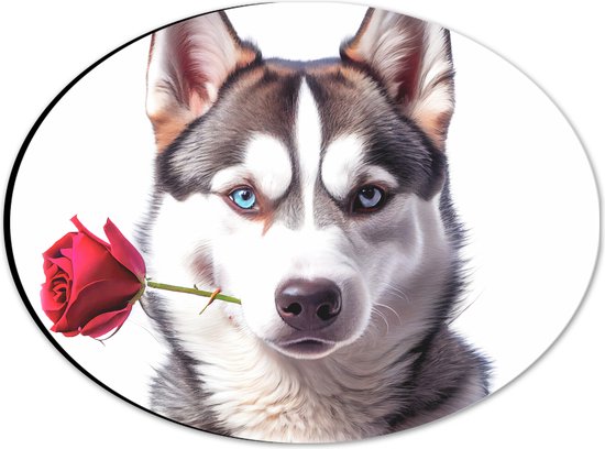 Dibond Ovaal - Romantische Husky Hond met Roos tegen Witte Achtegrond - 28x21 cm Foto op Ovaal (Met Ophangsysteem)