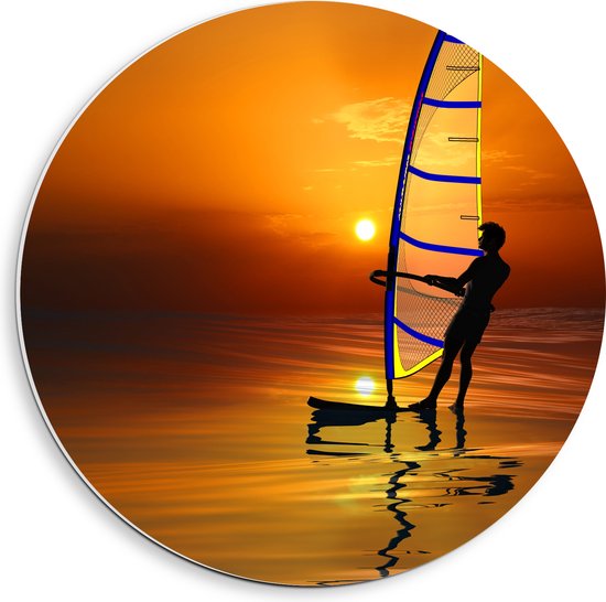 PVC Schuimplaat Muurcirkel - Surfer op Kalm Water bij Felkleurige Zonsondergang - 40x40 cm Foto op Muurcirkel (met ophangsysteem)