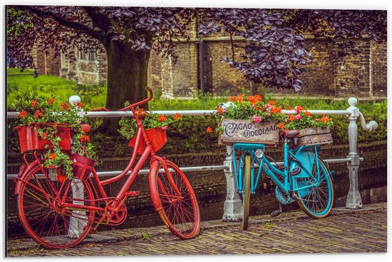 WallClassics - Dibond - Vélo rouge et bleu avec Fleurs à clôture blanche pour le canal - 60x40 cm Photo sur Aluminium (Décoration murale en métal)