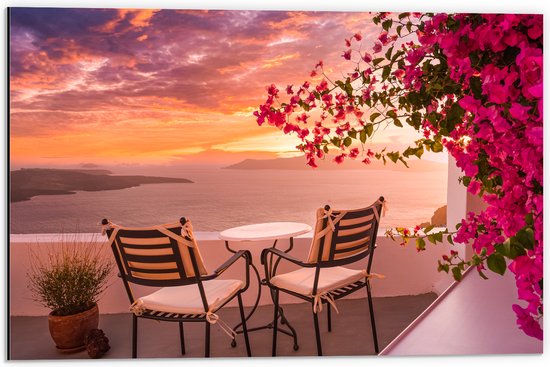 Dibond - Tafel met Stoeljes op Balkon met Roze Bloemenstruik met Uitzicht op Zee - 60x40 cm Foto op Aluminium (Wanddecoratie van metaal)