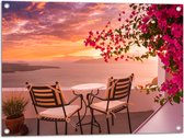 Tuinposter – Tafel met Stoeljes op Balkon met Roze Bloemenstruik met Uitzicht op Zee - 80x60 cm Foto op Tuinposter (wanddecoratie voor buiten en binnen)