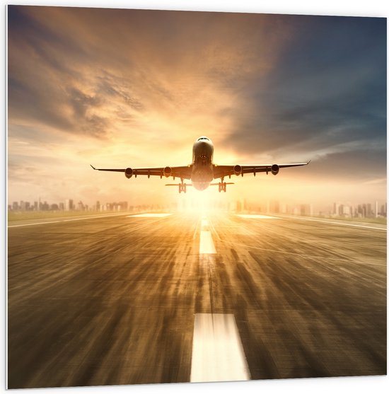 PVC Schuimplaat- Landend Vliegtuig bij Prachtige Zonsondergang - 100x100 cm Foto op PVC Schuimplaat