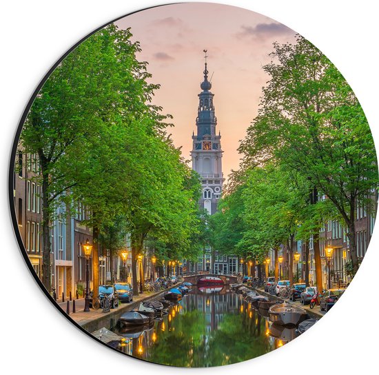 Dibond Muurcirkel - Gracht in De Straten van Amsterdam - 20x20 cm Foto op Aluminium Muurcirkel (met ophangsysteem)