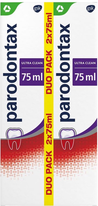 Verpakking van Parodontax Ultra Clean tandpasta, duo pack 2x75ml, met paarse en rode grafische elementen.