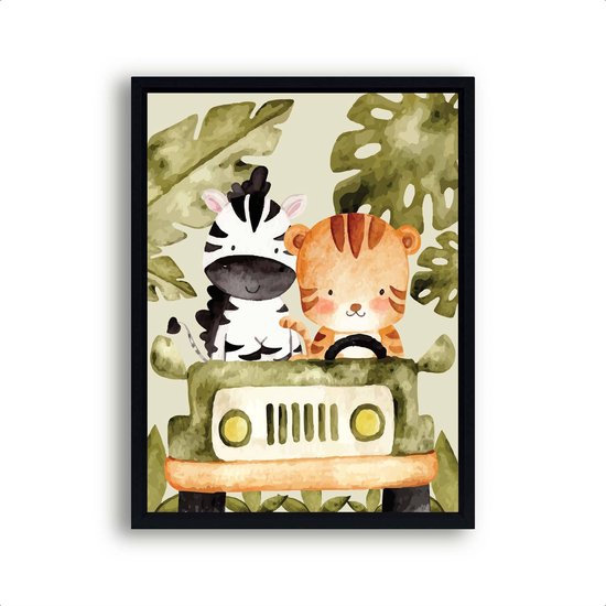 Postercity - Poster Jungle Zebra en Tijger in de Jeep rechts - Jungle/Safari Dieren Poster - Kinderkamer / Babykamer - 80x60cm
