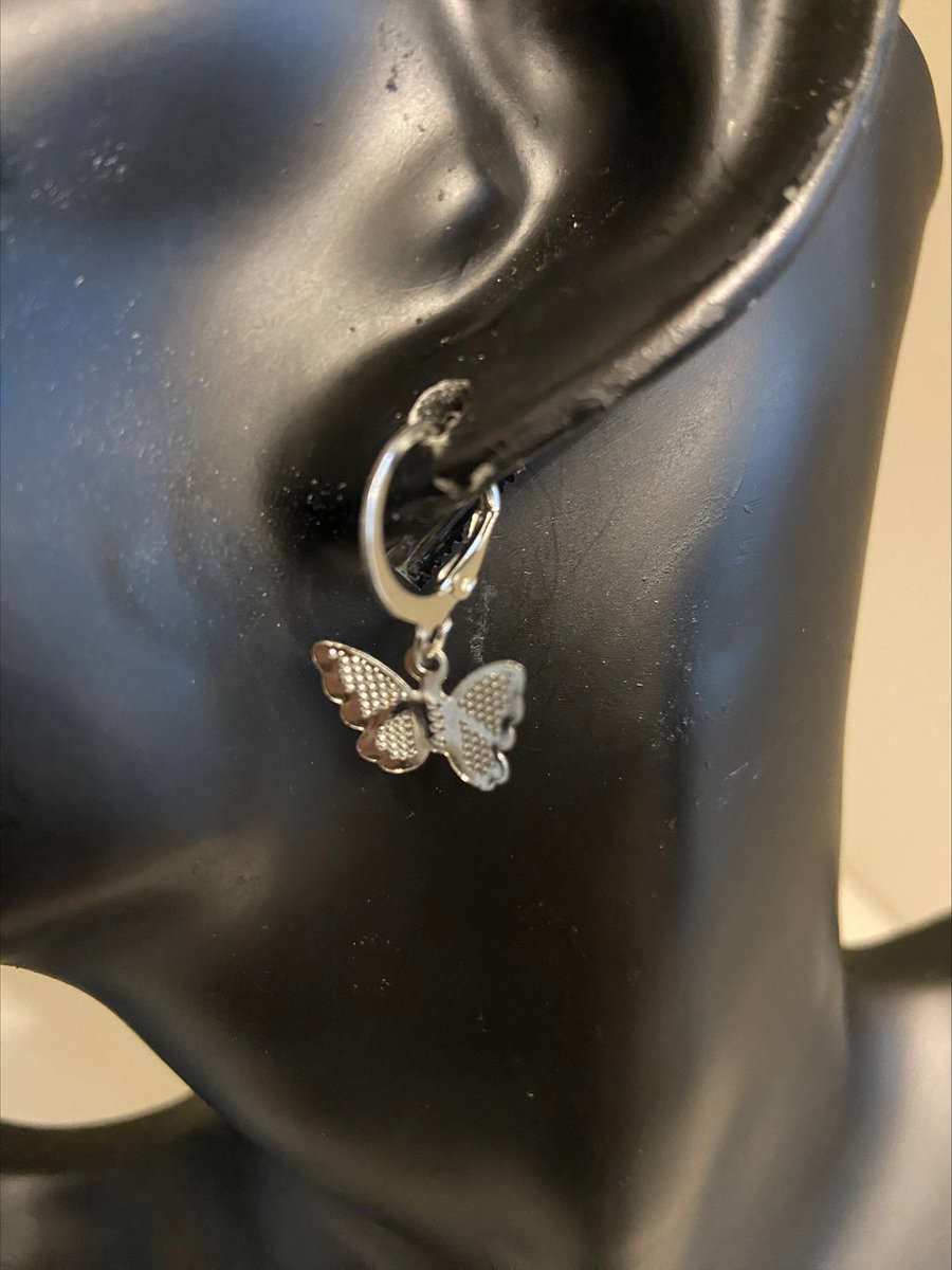 Zilverkleurige oorringetjes met puntjes vlinder