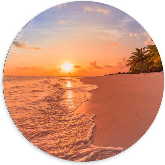 Dibond Muurcirkel - Kalme Golven aanstromend op Strand bij Zonsondergang - 100x100 cm Foto op Aluminium Muurcirkel (met ophangsysteem)