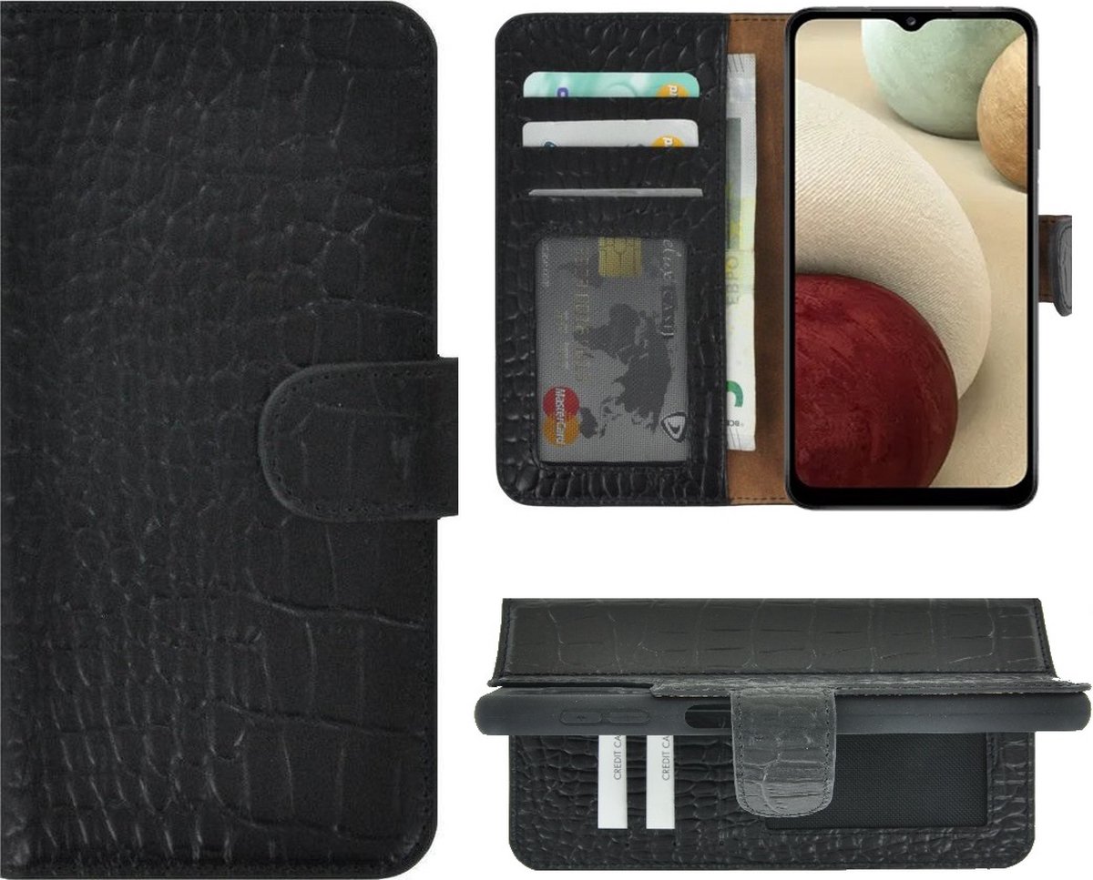 MoDo hoesje Geschikt voor Samsung Galaxy A14 5G - Echt Leer Book Case - Croco Zwart