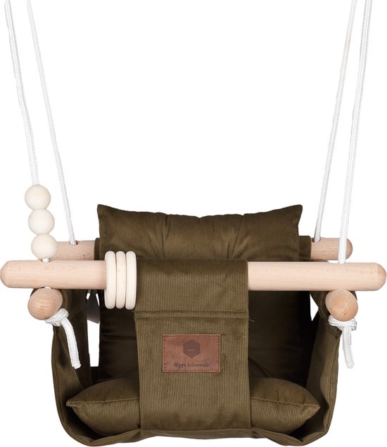 Baby / Kinder Schommel voor binnen of buiten! - Luxe Baby Swing Corduroy - Ribstof Groen - Ribfluweel - Schommelstoel inclusief Kussens, Bevestigingsmaterialen en Veiligheidsriem