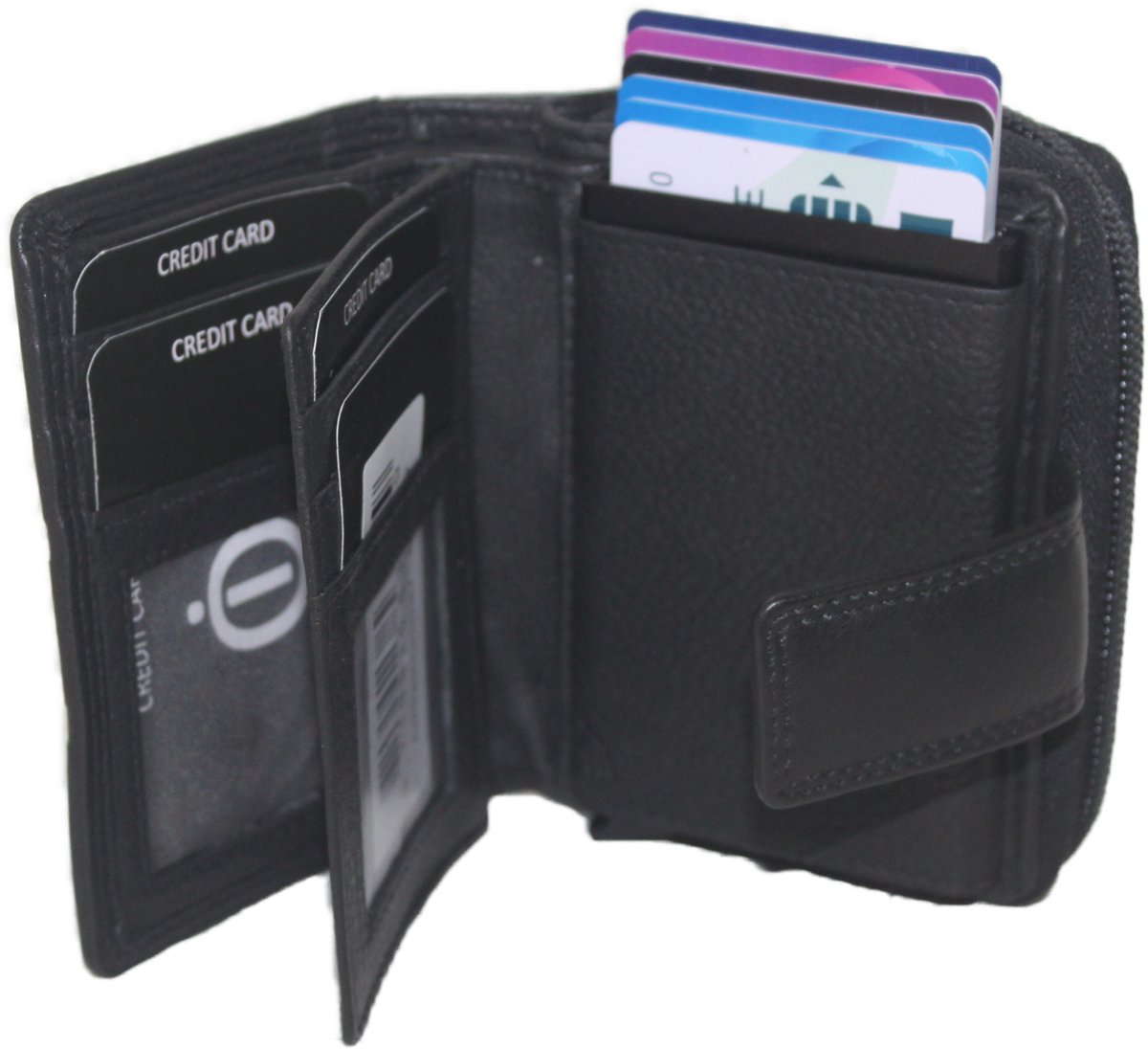 OI zwarte leren ritsportemonnee met cardprotector / portemonnee met Figuretta pasjeshouder en ruim ritsvak voor muntgeld / complete portemonnee met anti skim kastje / leren beurs met metalen pasjeshouder en rits / zwart leer / 147