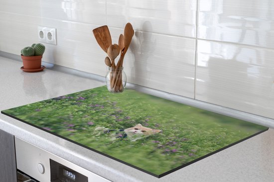KitchenYeah® Inductie beschermer 81.6x52.7 cm - Kat - Bloemen - Lente - Kookplaataccessoires - Afdekplaat voor kookplaat - Inductiebeschermer - Inductiemat - Inductieplaat mat