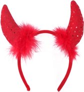 KIMU Haarband Duivel - Diadeem Hoorntjes Glitter Rood Pluche Duiveltje Dons Rode Festival