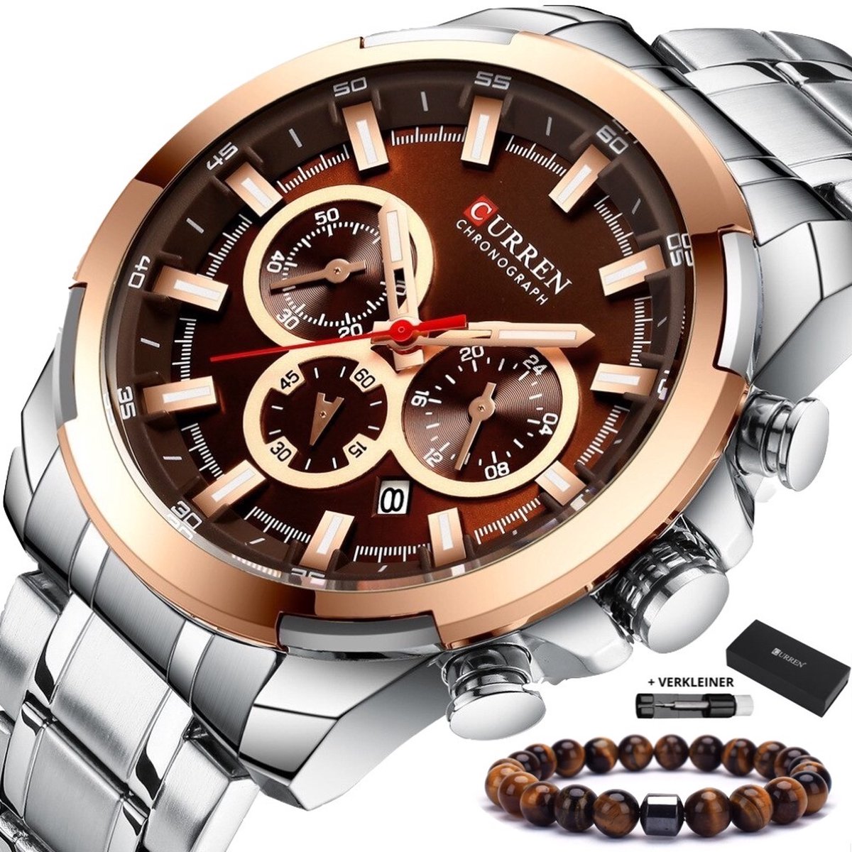 Curren - Horloge Heren - Cadeau voor Man - Horloges voor Mannen - 48 mm - Zilver Bruin Rosé