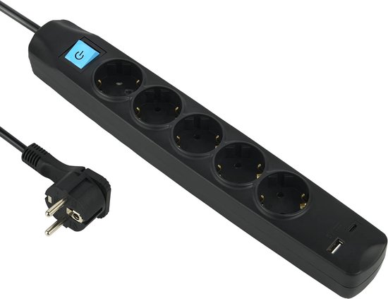 Multiprise Electraline 5 prises USB A+C chargeur noir