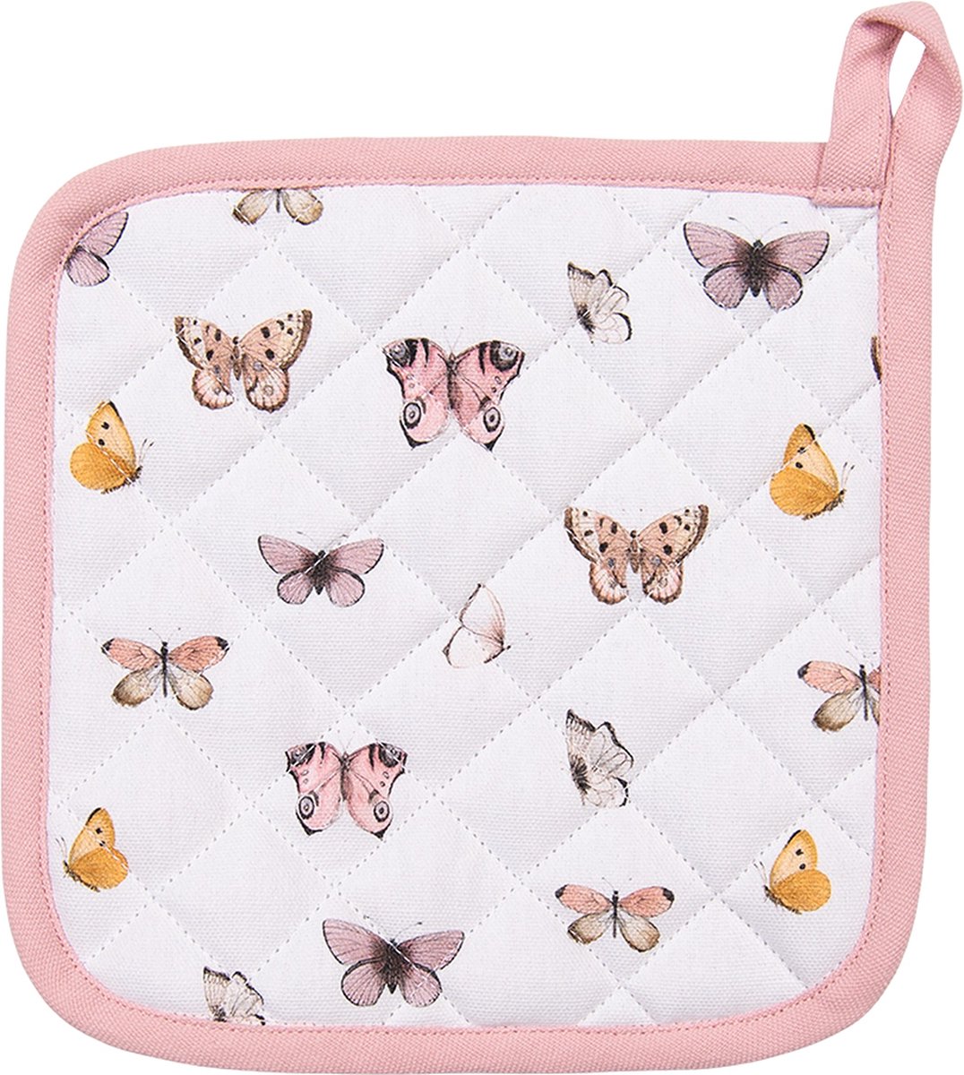 Clayre & Eef Pannenlap 20x20 cm Beige Roze Katoen Vlinders
