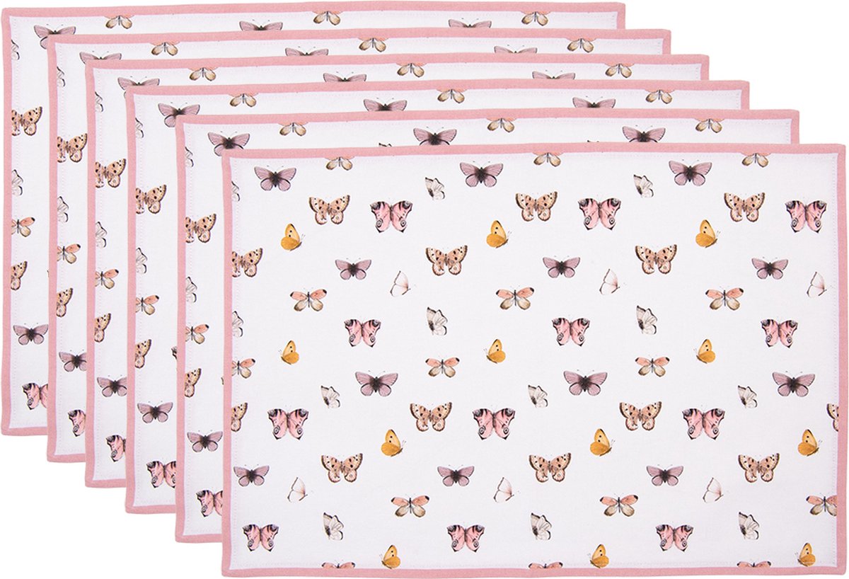 Clayre & Eef Placemats Set van 6 48x33 cm Beige Roze Katoen Vlinders