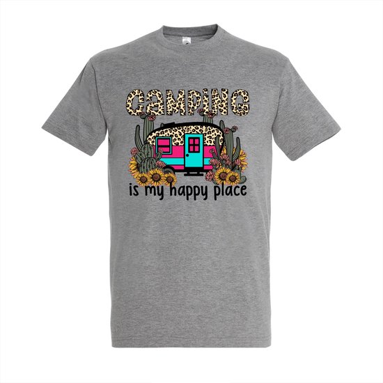 T-shirt Camping is my happy place - Grey Melange T-shirt - Maat XL - T-shirt met print - T-shirt heren - T-shirt dames