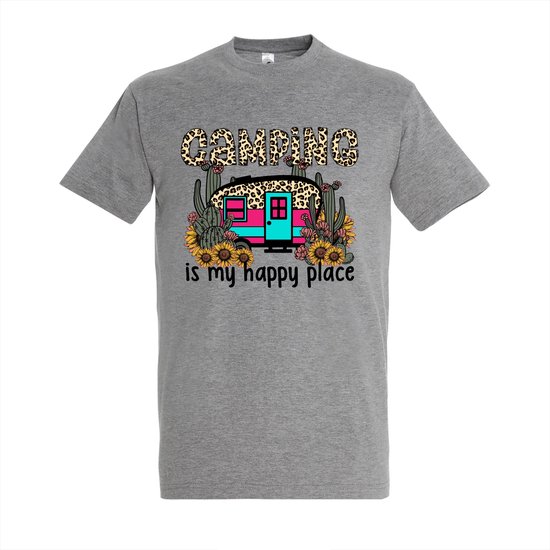 T-shirt Camping is my happy place - Grey Melange T-shirt - Maat L - T-shirt met print - T-shirt heren - T-shirt dames