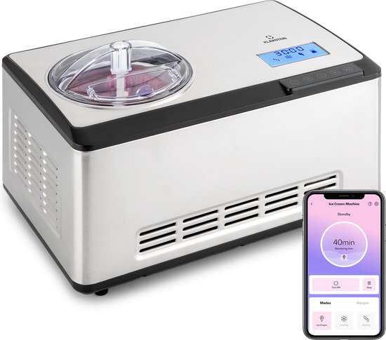 Klarstein IJsmaschine, Softijsmachine voor Yoghurt, Softijs & Frozen Yoghurt, Met WiFi/App-functie, Compressor, Zelfkoelend, voor IJs & Sorbet, 180 W - 2L - Display Touch App-Bediening - Ice Cream Maker - IJsbereider