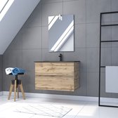 Meuble de salle de bain 80x54 - Finition chêne naturel + vasque noire + miroir Led - TIMBER 80 - Pack33