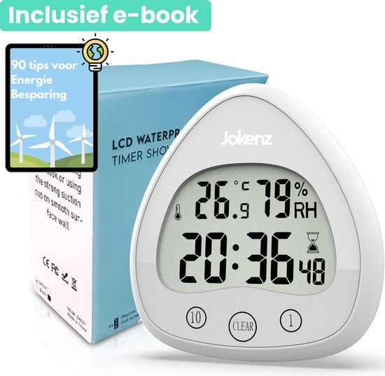 Jokenz® Douchetimer met hygrometer en temperatuurmeter - Douchewekker waterdicht - Badkamerklok met zuignap - Douche klok - Douche timer - Inclusief E-book-  WIT