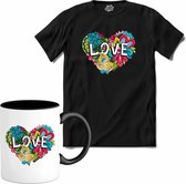 Love With Flowers | Valentijn - Valentijnsdag - Cadeau - Kado - T-Shirt met mok - Unisex - Zwart - Maat L