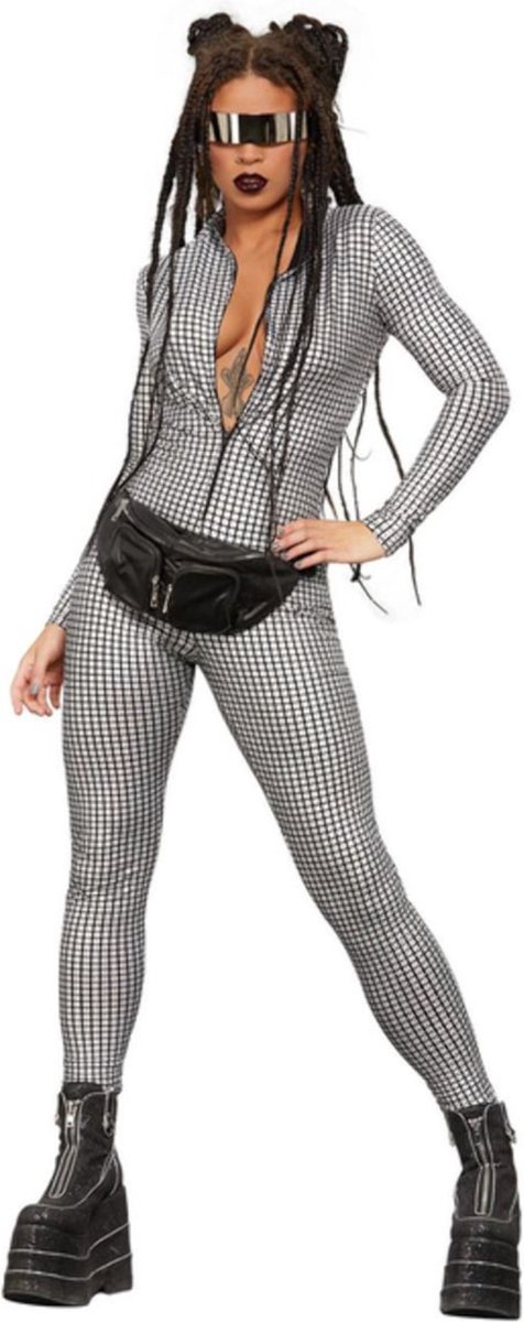 Fever - Miss Whiplash Disco Holographic Kostuum - S - Zilverkleurig