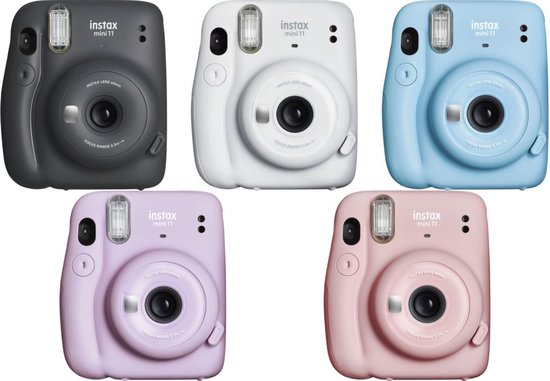 Vijf Instax Mini 11 camera's in het zwart, wit, lichtblauw, paars en roze.