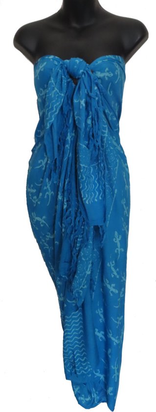 Pareo sarong figuren gekko's patroon lengte 115 cm breedte 165 kleuren blauw turquoise versierd met franjes.