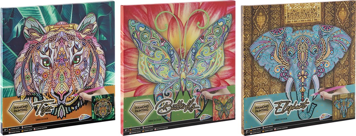 Grafix Diamond Painting Op Canvas | Olifant | Formaat 30x30cm | diamond painting pakket volledig | Thema Dieren | Diamond painting op canvas | Inclusief Diamond painting pen en schudbakje | Eindresultaat ophangen aan de muur — afbeelding 6
