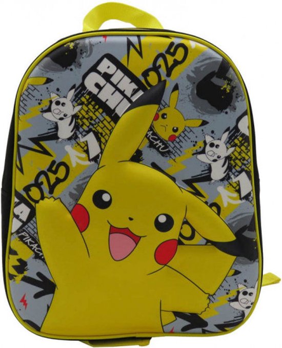 Grijze rugzak met een grote gele Pikachu op de voorkant, met de tekst 'PIKACHU' en '025'.