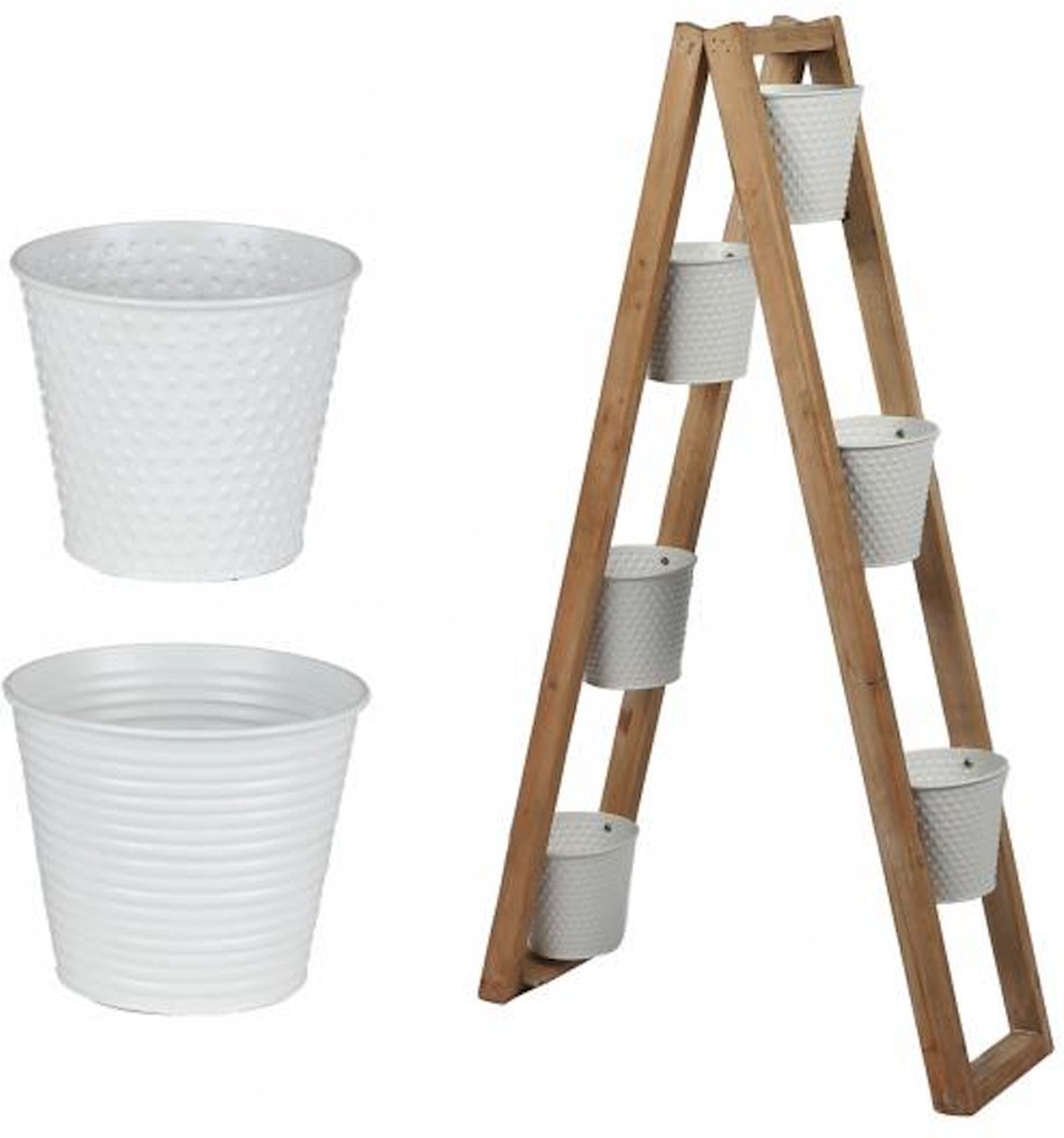 Houten plantenrek met metalen bloempotten van Naturn Living | 68 x 22 x 115 cm | planten piramide | Bruin