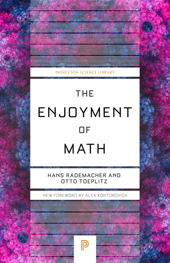 Couverture du livre 'The Enjoyment of Math' avec des bordures fractales abstraites roses et bleues et une barre de titre blanche.