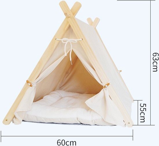 Natuurlijke houten tipi tent met crème kussen, 60x63cm.