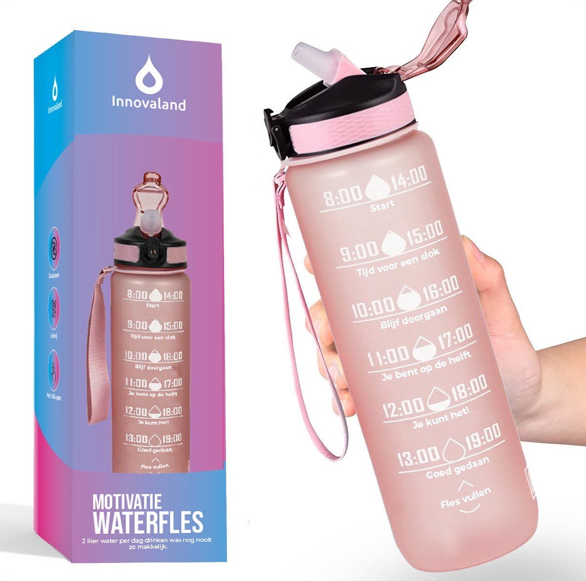 Innovaland Nederlandse Motivatie Waterfles Roze - Nederlandse Tekst - 1 Liter Drinkfles - Waterfles met Rietje - Waterfles met tijdmarkering - BPA Vrij - Volwassenen - Kinderen