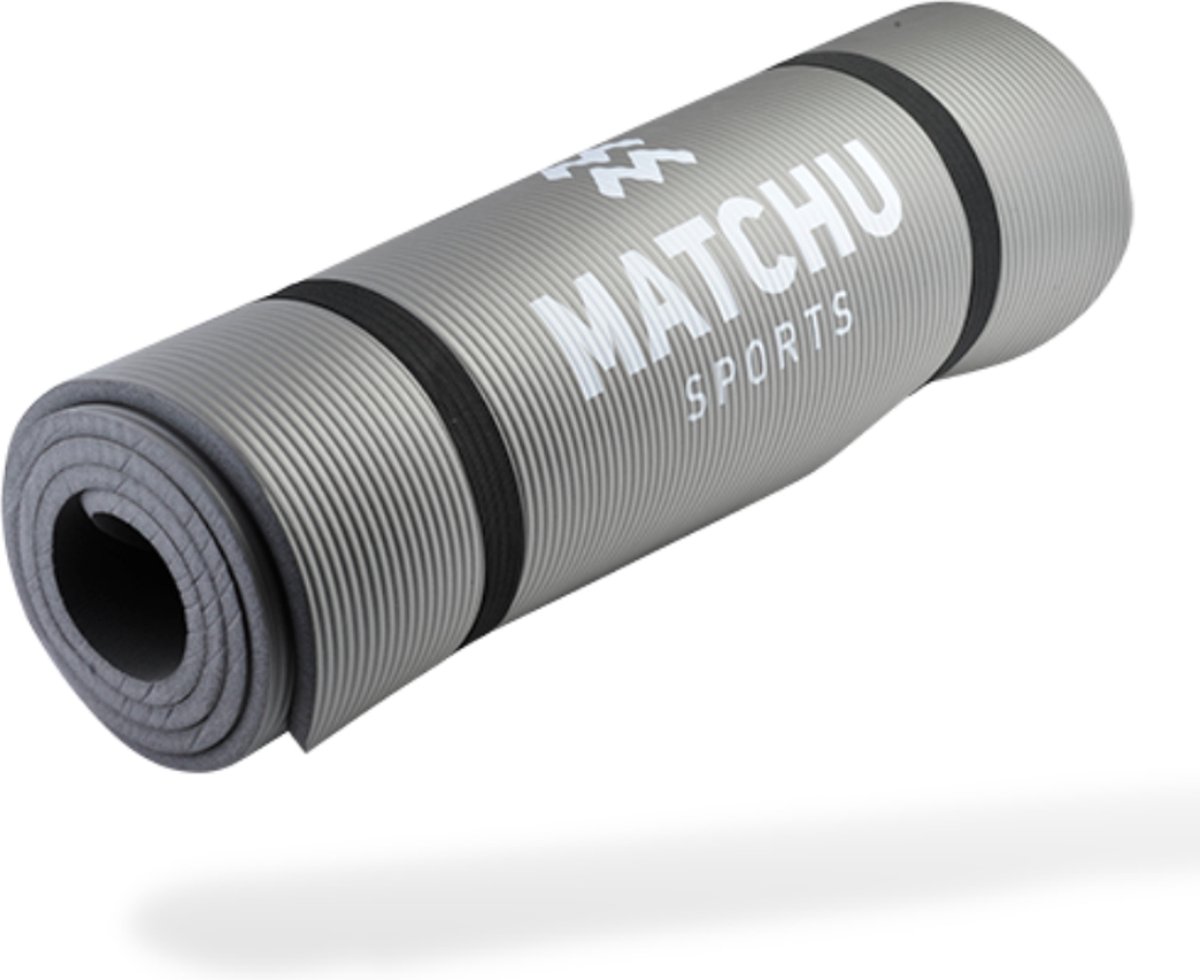 Matchu Sports - Fitnessmat - Yogamat - Sportmat - Fitness mat - Met draagkoord - 180 cm x 60 cm x 0,9 cm - Grijs - NBR - Matchu Sports