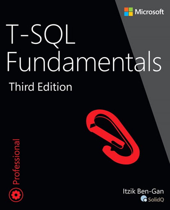 T-SQL Fundamentals, Third Edition, boek met Microsoft logo en een rode karabijnhaak.