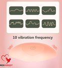 Roze tepelstimulator met aan/uit-symbool en golvende lijnen die 10 vibratiefrequenties aangeven.