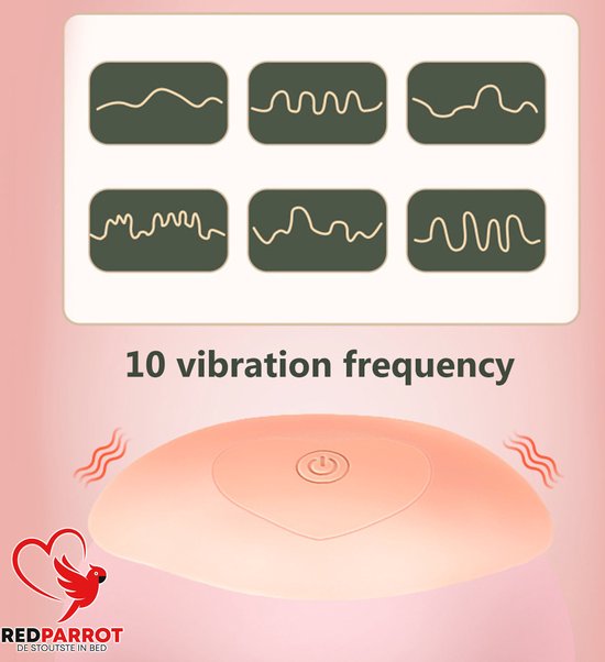 Roze tepelstimulator met aan/uit-symbool en golvende lijnen die 10 vibratiefrequenties aangeven.