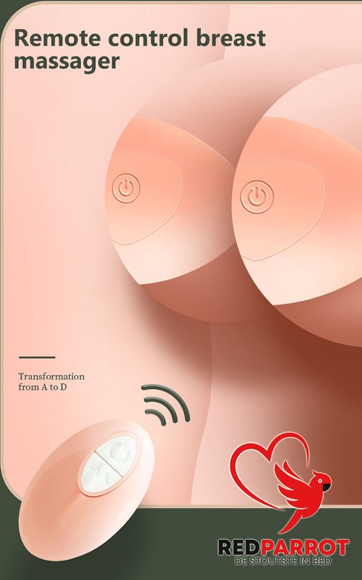 Illustratie van een afstandsbediening die borstmassagers bedient, met tekst over transformatie van cupmaat A tot D.