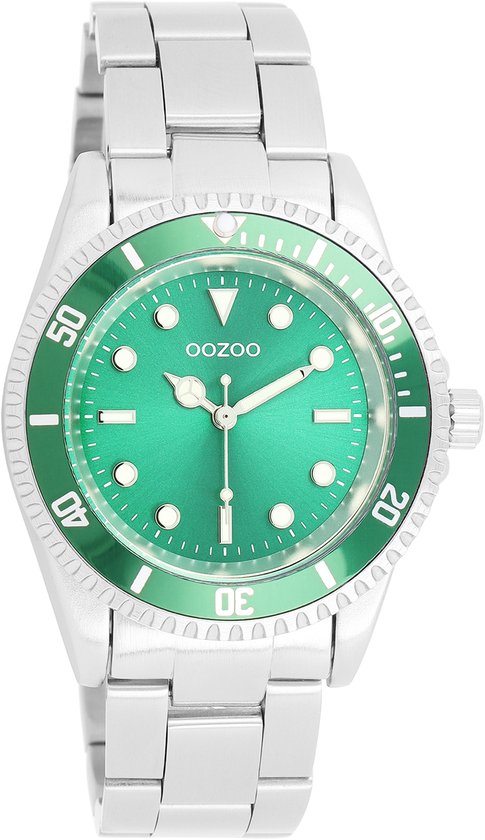 OOZOO Timepieces - Zilverkleurig/groene horloge met zilverkleurige roestvrijstalen armband - C11146