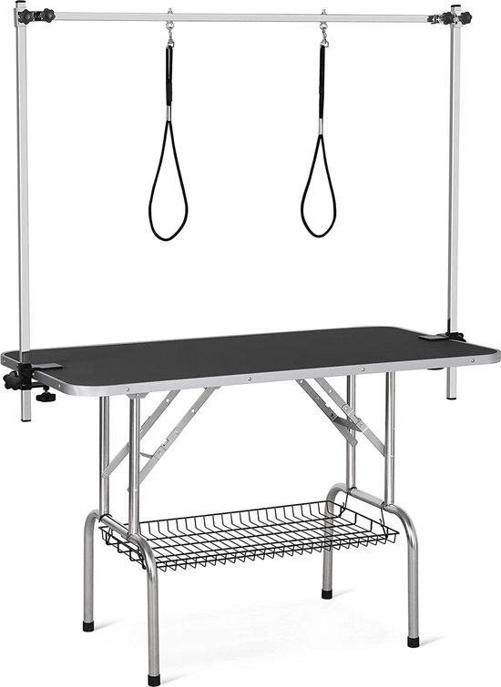 Trimtafel, dierenverzorgingstafel, verzorgingstafel met ondermand, 2 lussen, inklapbaar, zwart, 118 x 60,9 x 177 cm HMTM-TT-10027-BLACK